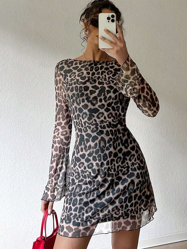 1980s Leopard Sheer Long-Sleeve Backless Dress