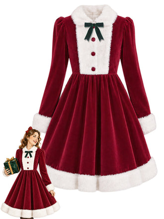 [Pre-Sale] Red & White 1950s Christmas Velvet Fur Trim Bow Dress