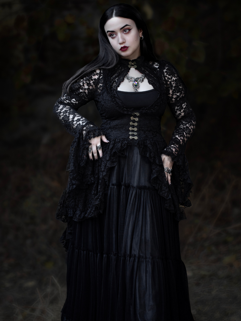 Black 1980s Gigot Sleeve Victorian Lace Dress