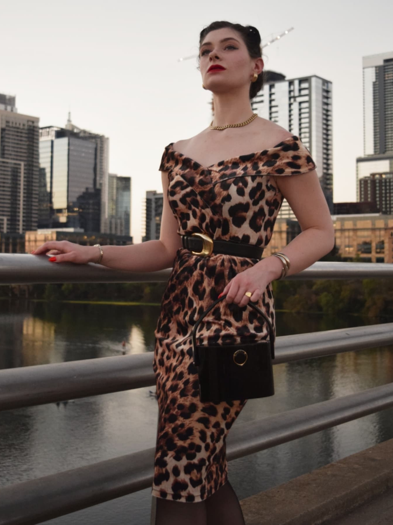 1960s Off-shoulder Leopard Pencil Dress