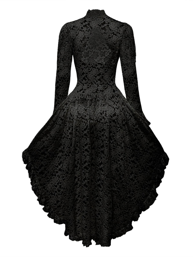 Black 1980s Gigot Sleeve Victorian Lace Dress