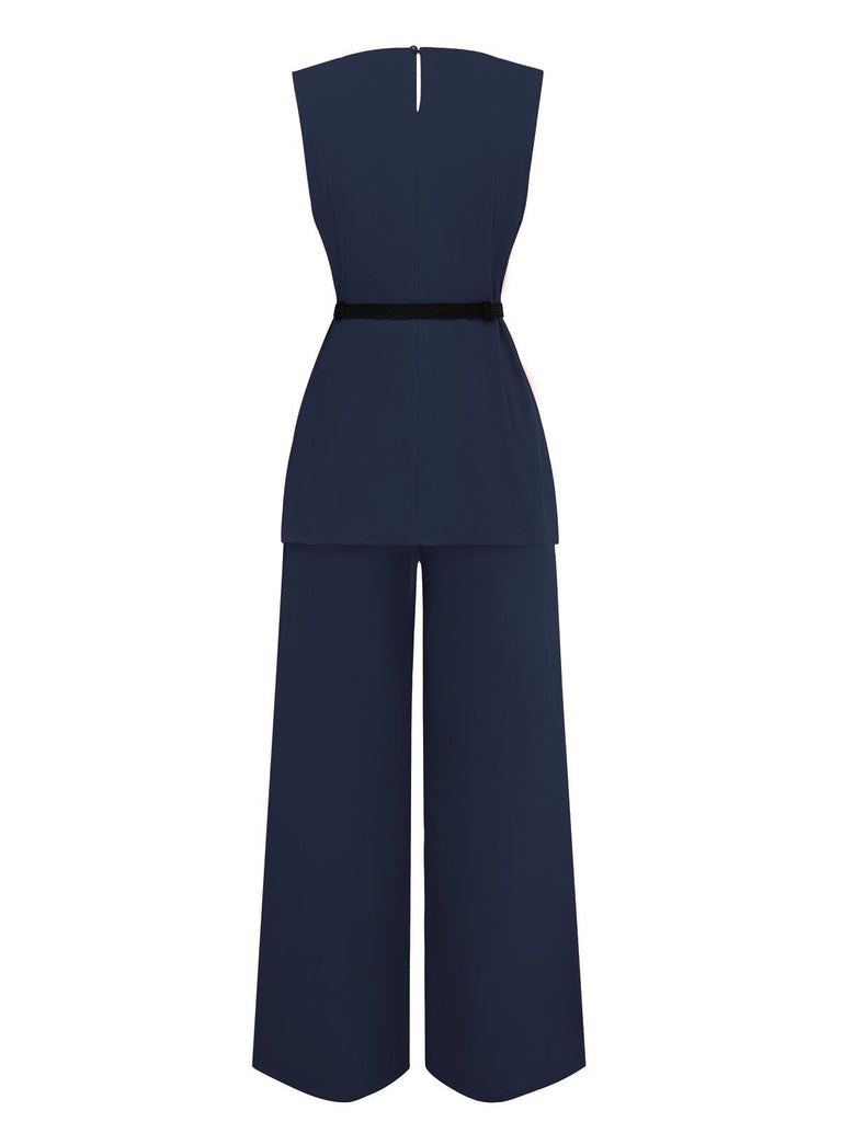 2PCS 1960s Sleeveless Vest & Belted Waist Pants