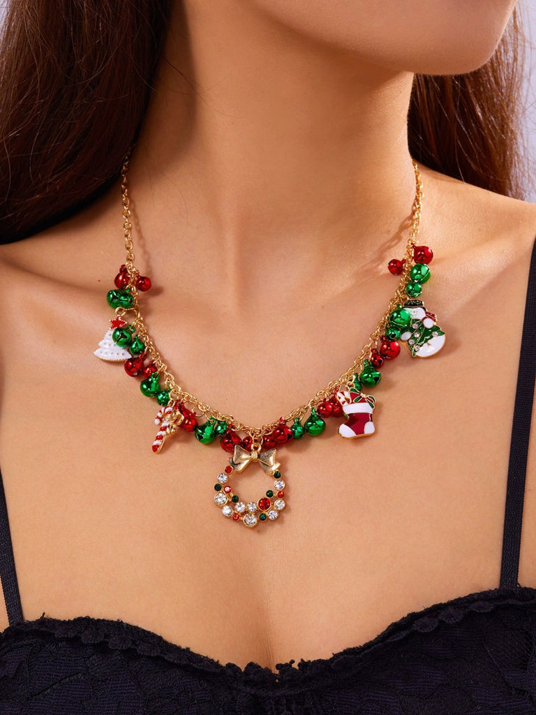 Christmas Bells Candy Cane Wreath Pendants Necklace