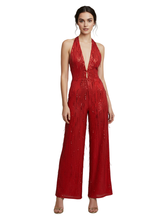1970s Halter Deep V-Neck Sequin Fringe Jumpsuit