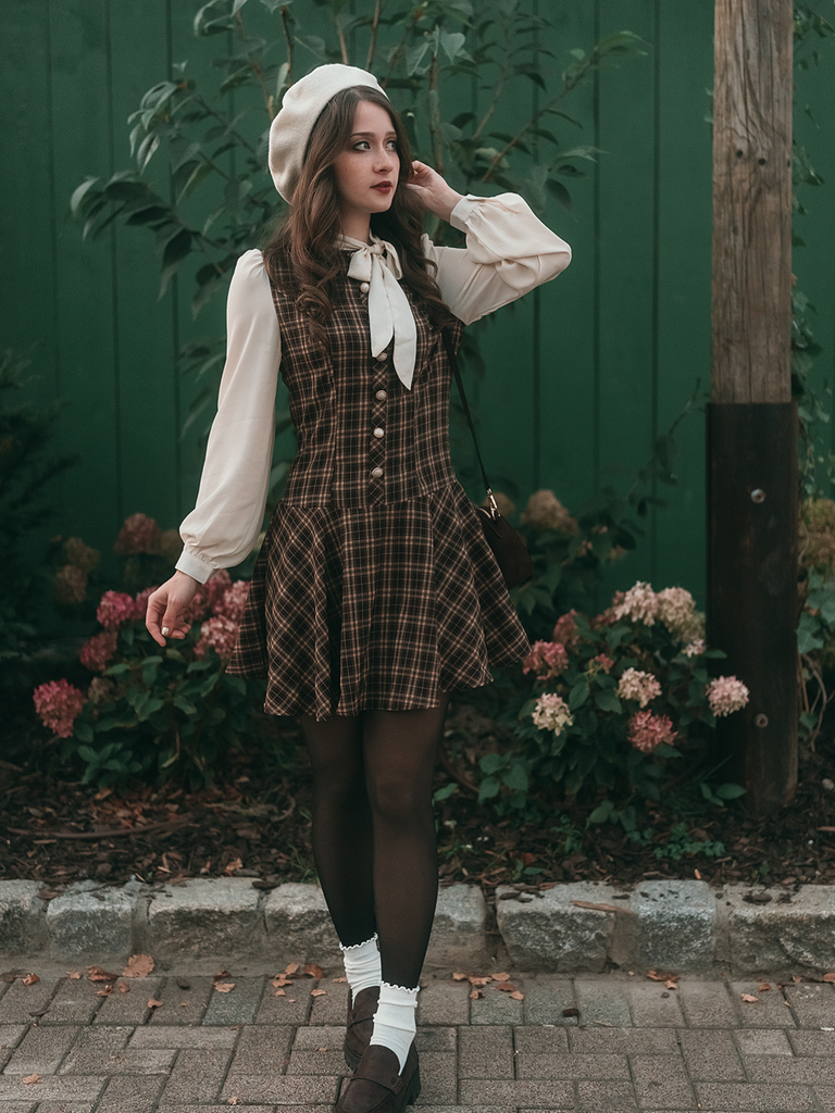 Brown 1960s Plaid Bow Tie Button Swing Dress