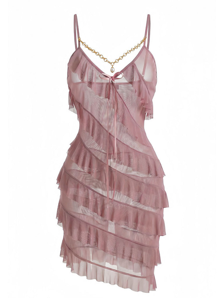 1960s Chain Pearl Ruffled Spaghetti Strap Nightgown