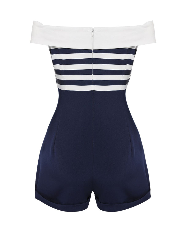 Navy Blue Patchwork Off-shoulder Striped Romper