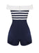 Navy Blue Patchwork Off-shoulder Striped Romper