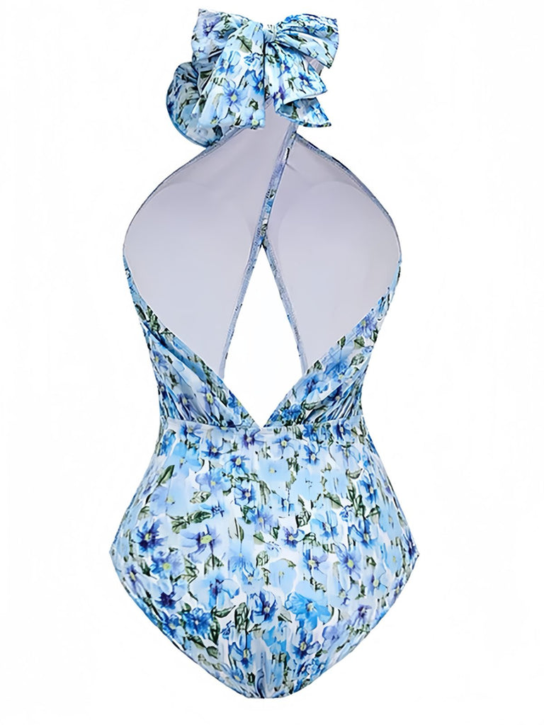 Blue 1930s Halter Floral Print 3D Rose Swimsuit