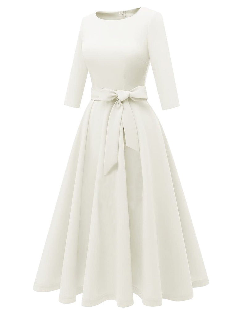 1940s Solid Fit Bow 3/4 Sleeves Swing Dress