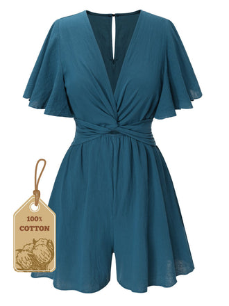1950s Solid V-Neck Cotton Flounce Sleeve Romper