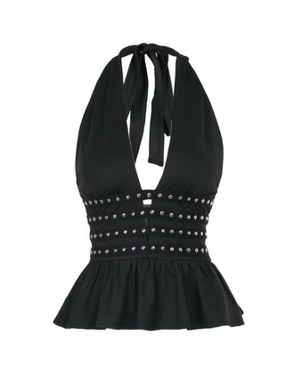 Black 1980s Punk Rhinestone Halter Top