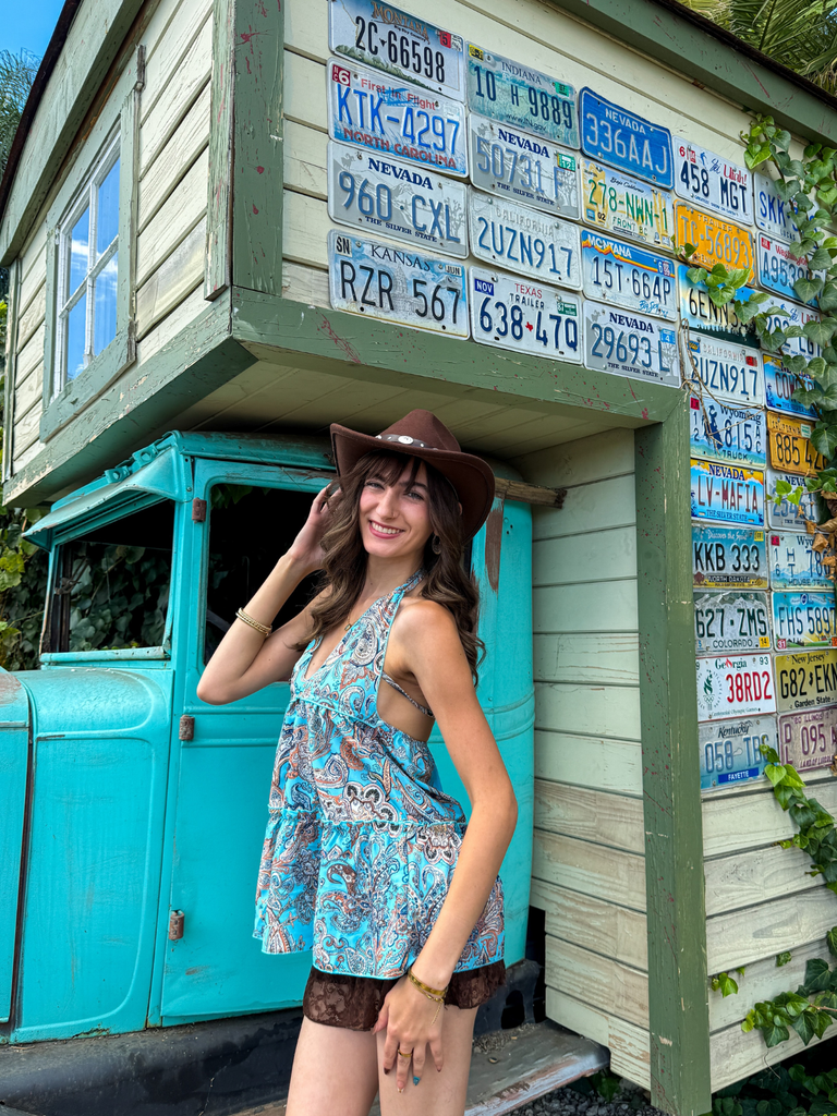 1970s Boho Paisley Halter Deep-V Backless Mini Dress