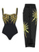 Black 1950s Sequined Sunflower Backless Swimsuit & Cover-Up