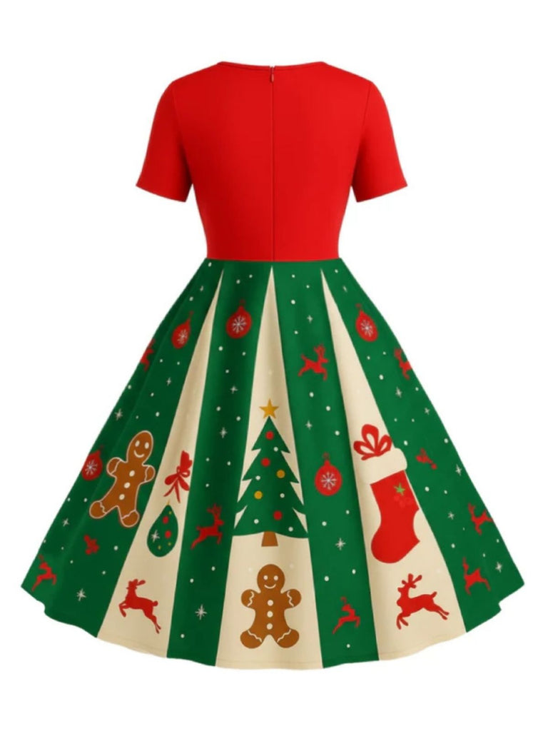 [Pre-Sale] [Plus Size] Red & Green 1950s Christmas Snowflake Swing Dress