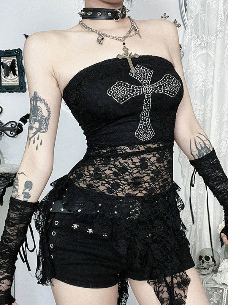 Black 1980s Cross Rhinestone Lace Strapless Tank Top