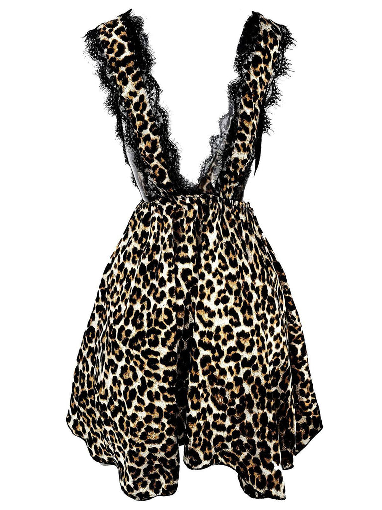 1940s Lace Trim Leopard Print Satin Deep V Nightgown
