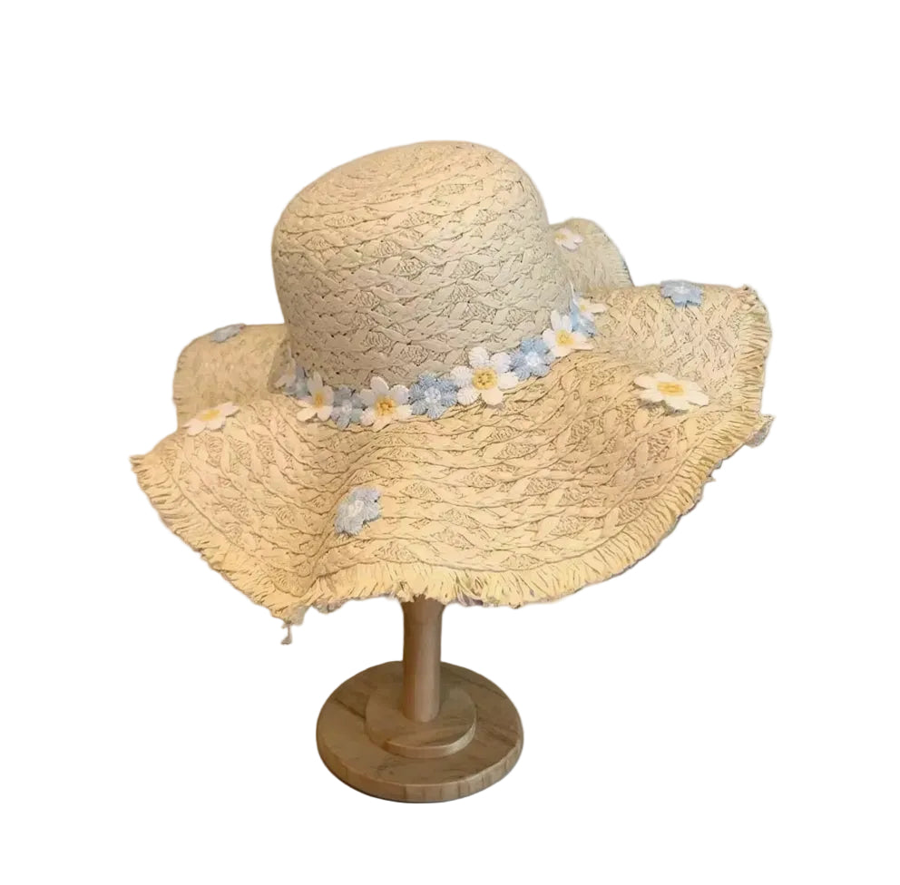 Vintage 3D Daisy Raffia Fringe Brim Sun Hat