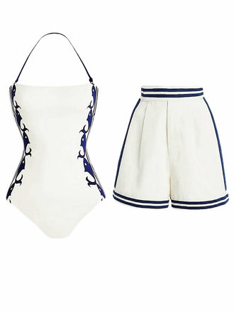 1940s Halter Swimsuit & Sailor-Stripe Shorts Set