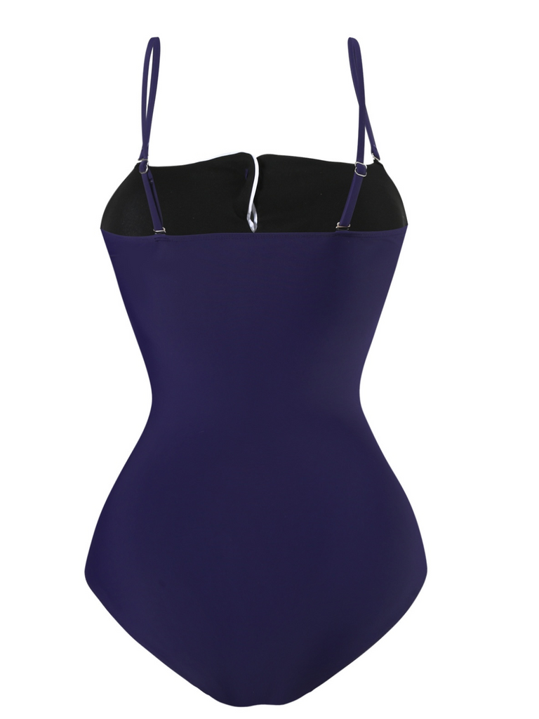Dark Blue 1940s Button Spaghetti Strap One-piece Swimsuit