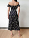 Black 1960s Side Slit Ditsy Floral Off-Shoulder Dress
