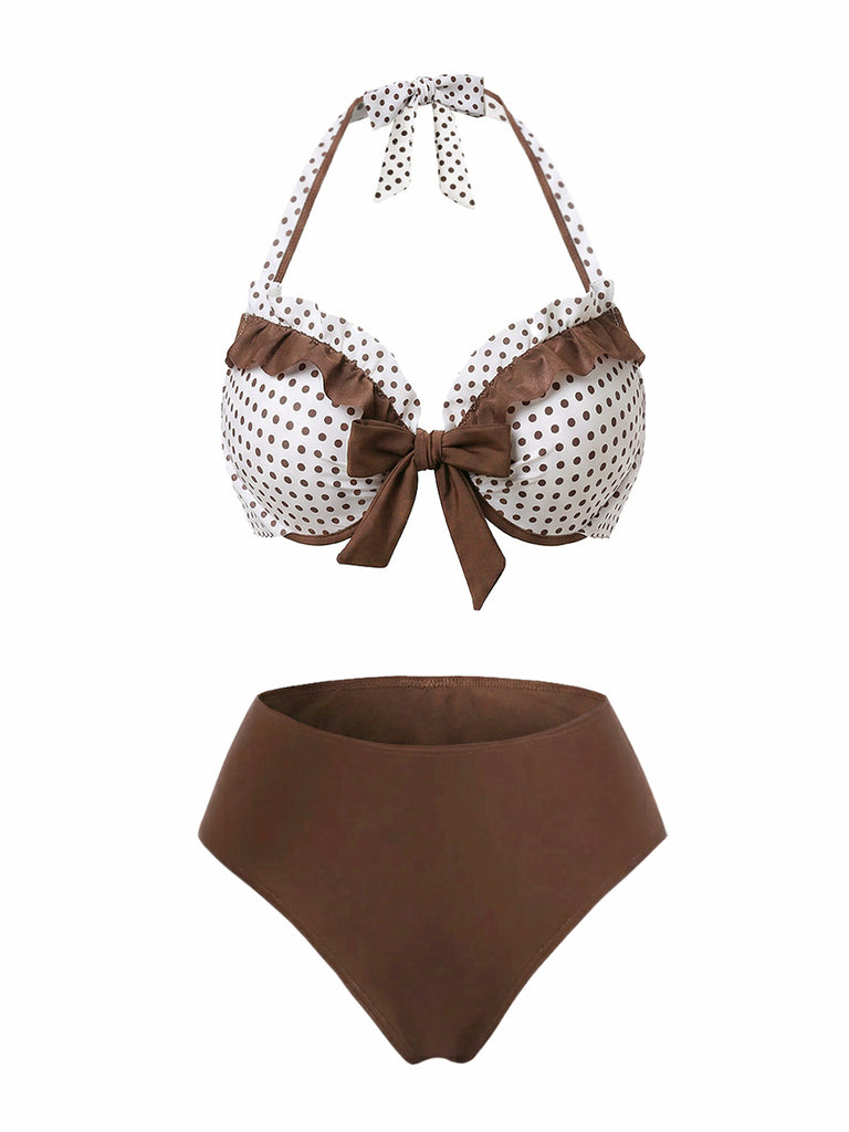 3PCS Brown 1970s Polka Dot Ruffle Halter Swimsuit Set