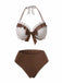 3PCS Brown 1970s Polka Dot Ruffle Halter Swimsuit Set