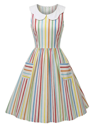 [Pre-Sale] 1960s Rainbow Stripe Peter-Pan Collar Sleeveless Dress