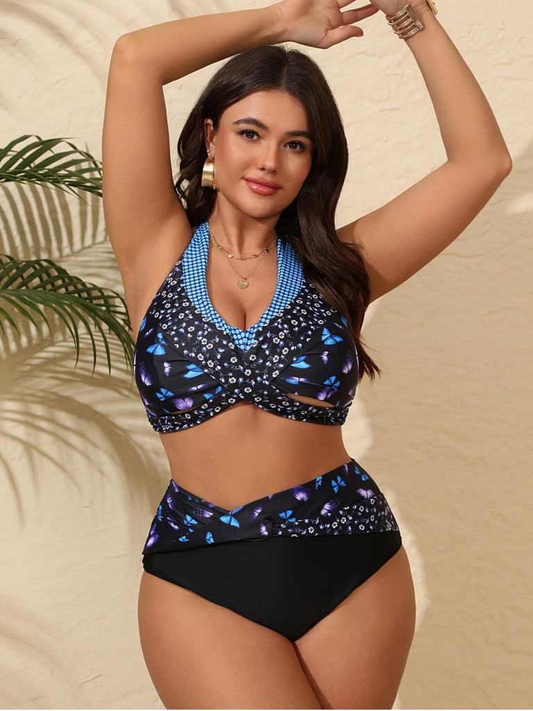 [Plus Size] 1950s Halter Butterflies Floral Bikini Set
