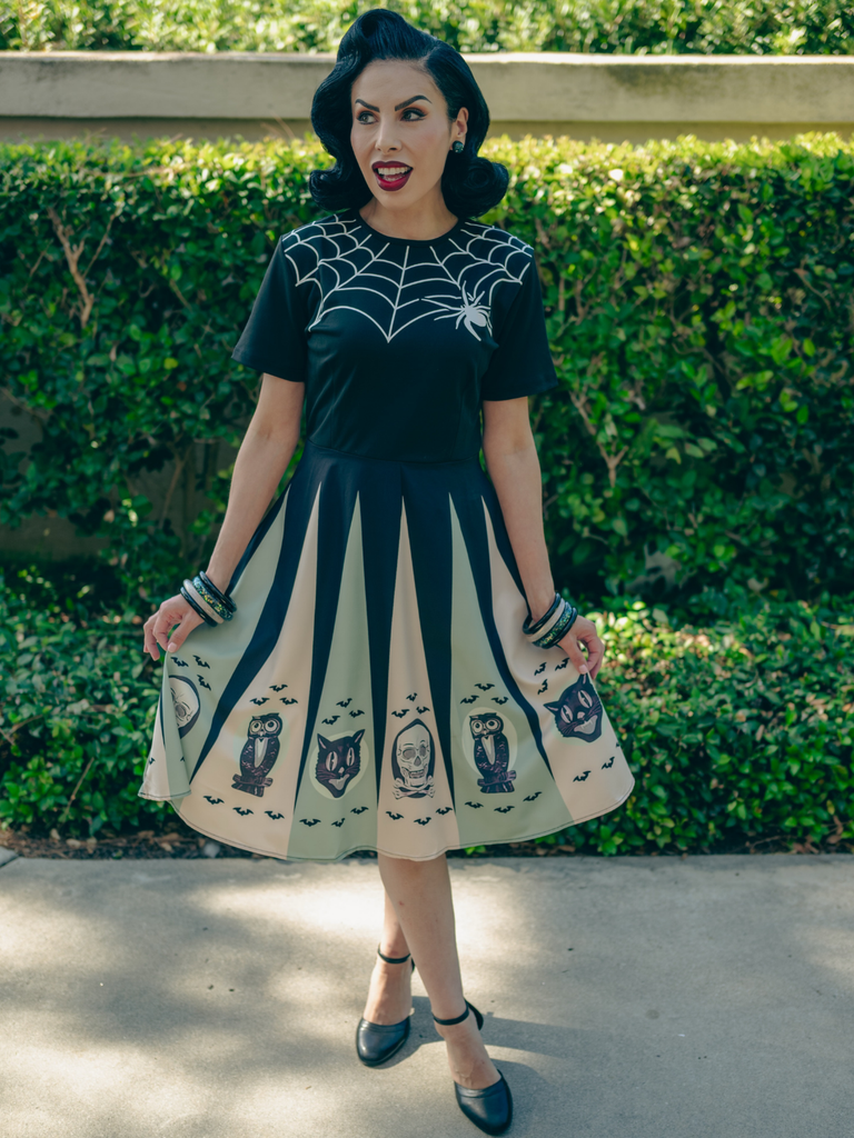 1950s Halloween Spider Web Print Patchwork Dress