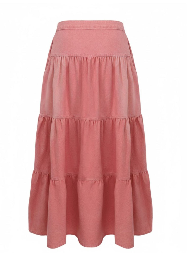 Pink 1940s Denim Button-Down Tiered Maxi Skirt