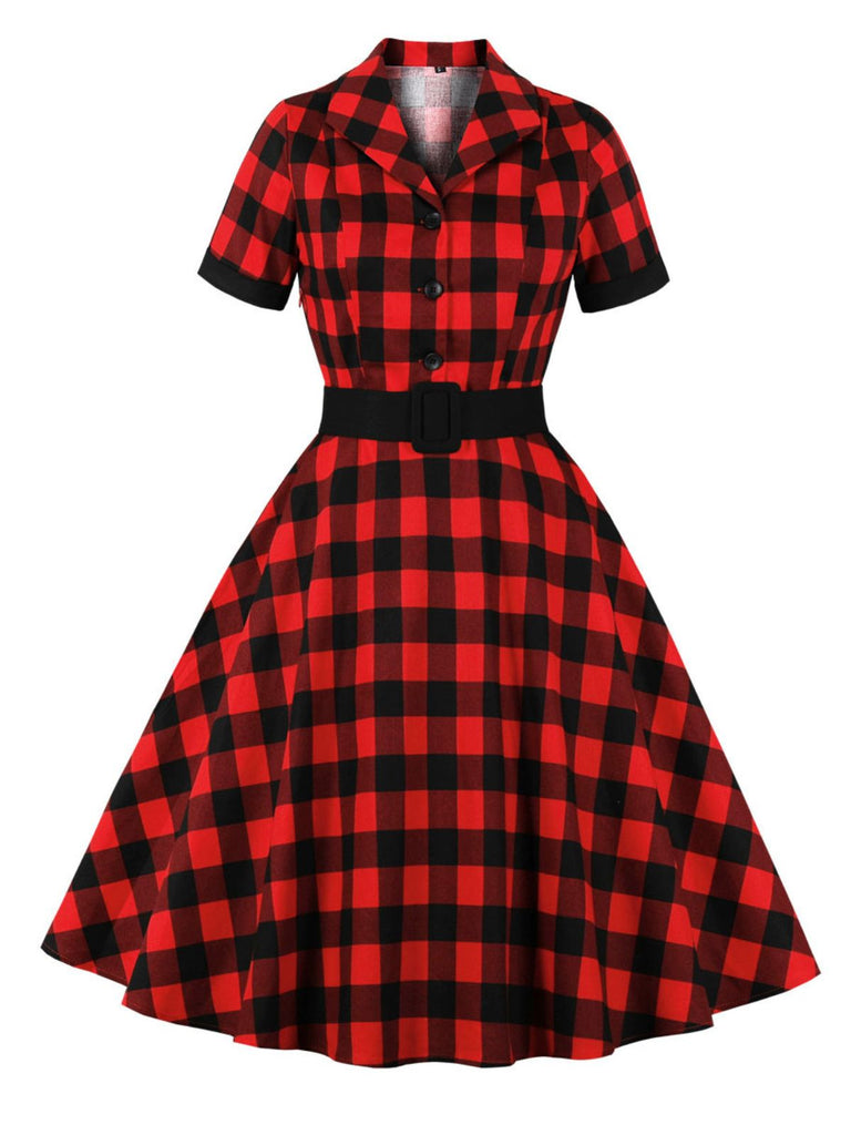 1950s Retro Contrast Short-Sleeved Lapel Dress