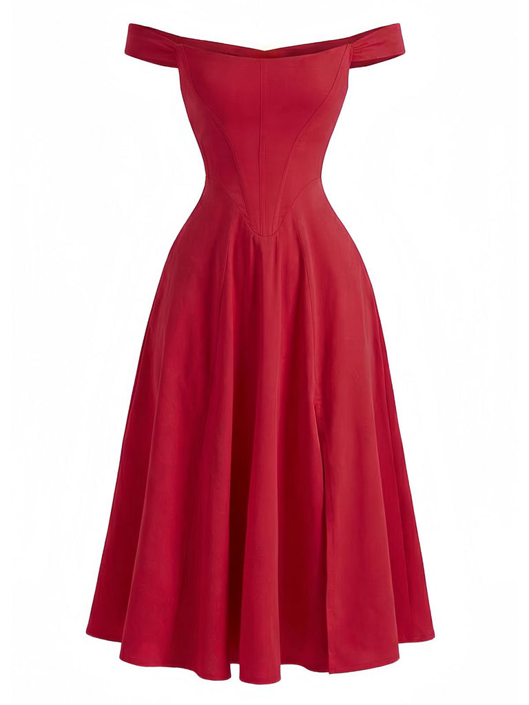 Red 1950s Solid Off-Shoulder Slit Fishbone Dress
