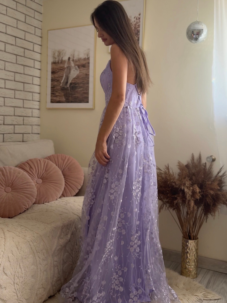 Lavender 1930s Sequin V-Neck Spaghetti Strap Dress