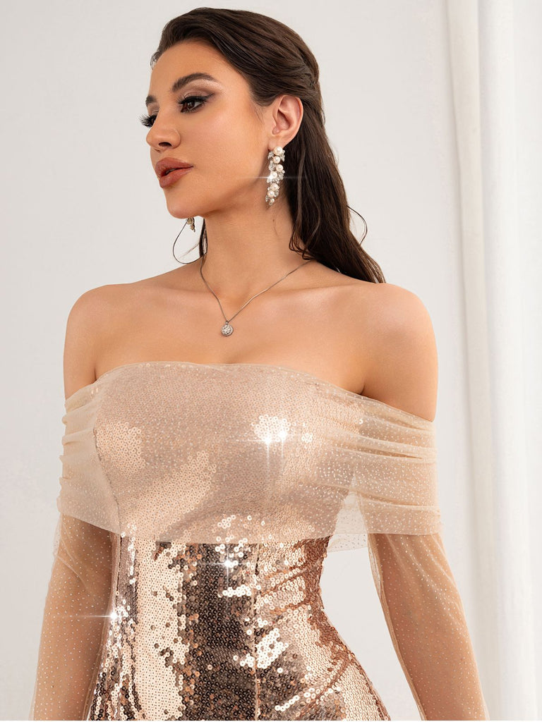 Champagne 1980s Off-Shoulder Mesh Sequin Dress