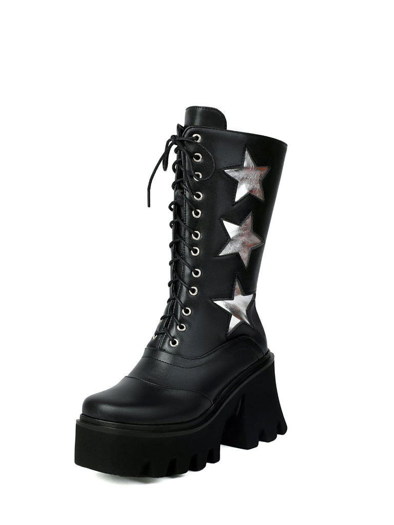 Vintage Steampunk Star Print Platform Mid-Calf Boots