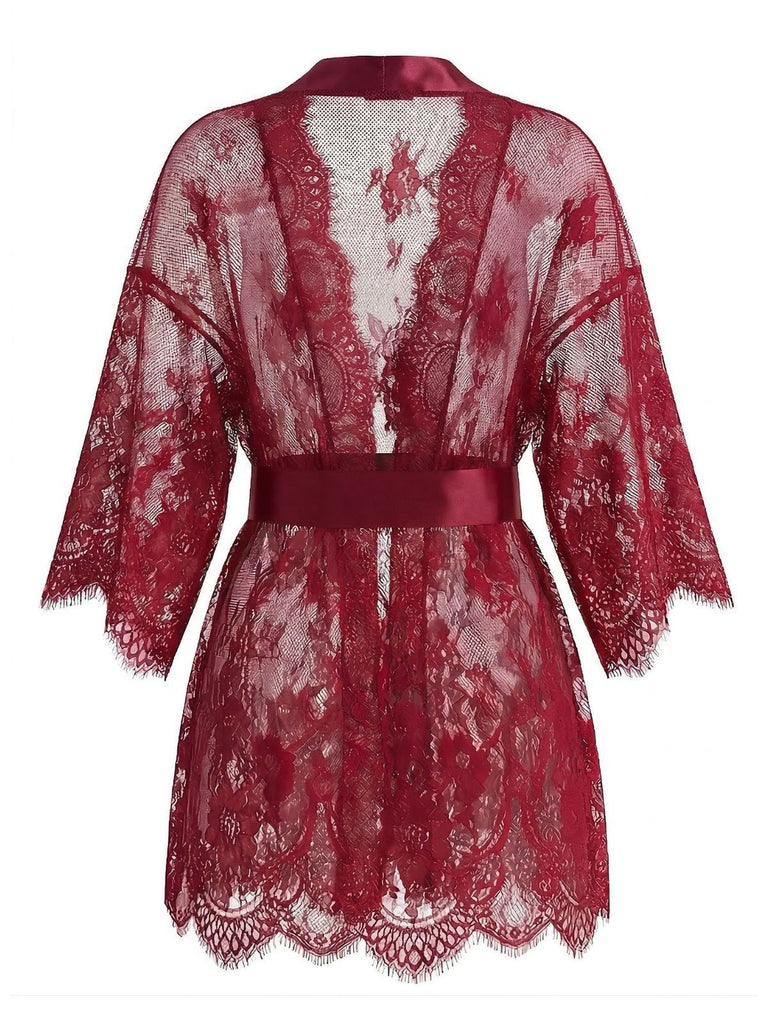 1960s Sexy Solid Lace Sheer Tie Loungewear