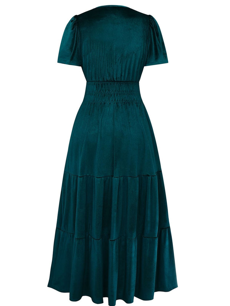 1930s Velvet Solid Short Sleeve Maxi Dress