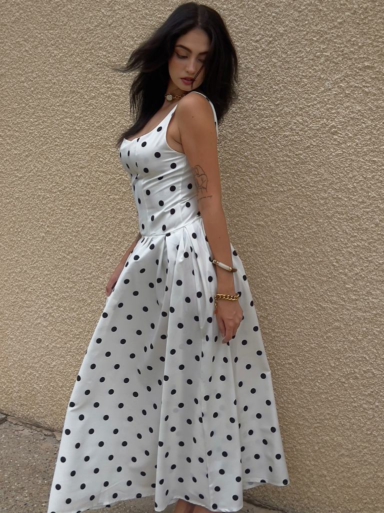 White 1950s Square Neck Polka Dot Sleeveless Pleated Dress