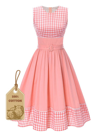 Pink 1950s Gingham Plaid Patchwork Cotton Dress