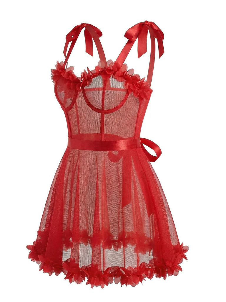 Red 1960s Solid 3D Floral Lace-Up Sleepwear