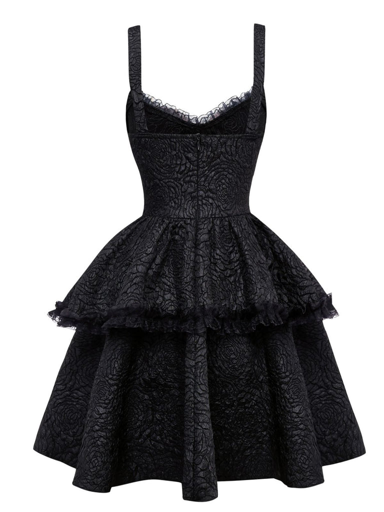Black 1950s Gothic Lace Panel Bow Tie Lace-up Dress