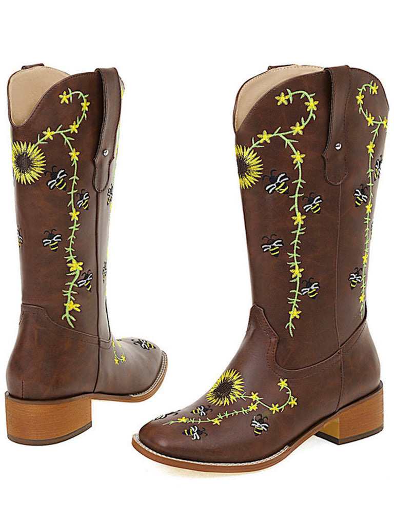Brown Sunflower Embroidered Western Cowgirl Mid Calf Boots