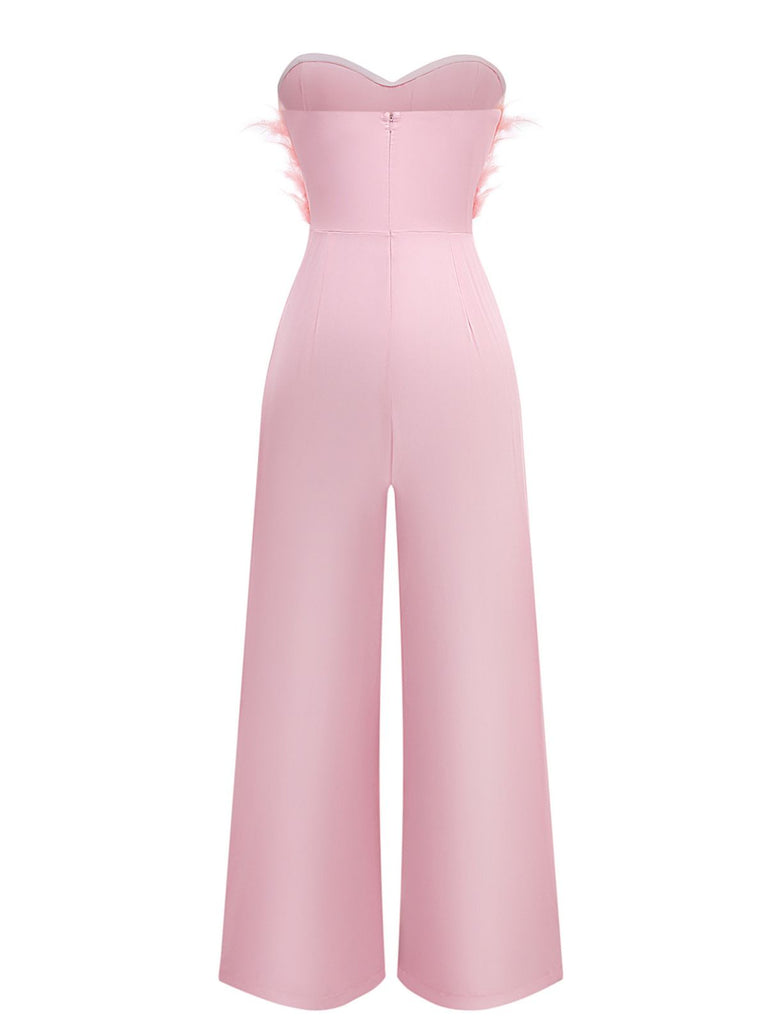 1970s Strapless Feather Solid Jumpsuit