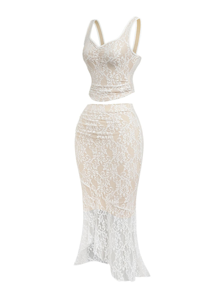 2PCS White 1980s Lace Floral V-Neck Tank & Mermaid Skirt