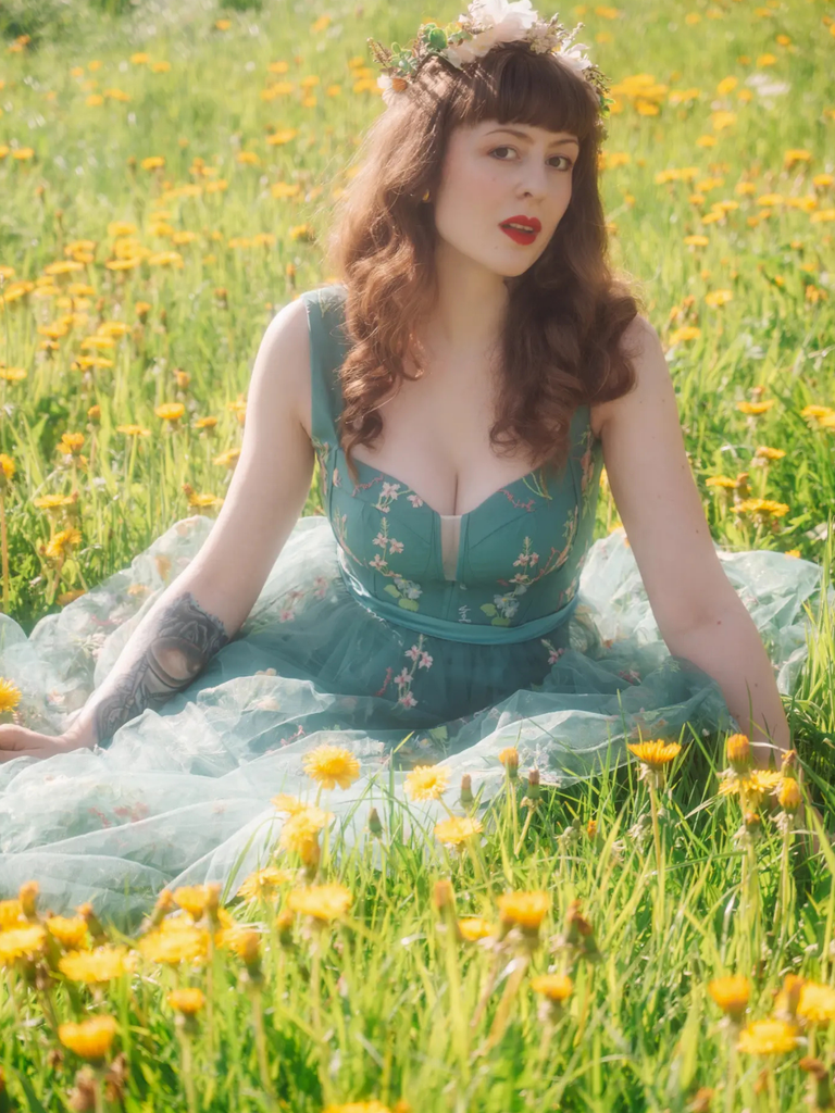 1930s Floral Mesh Boned Lace-Up Dress