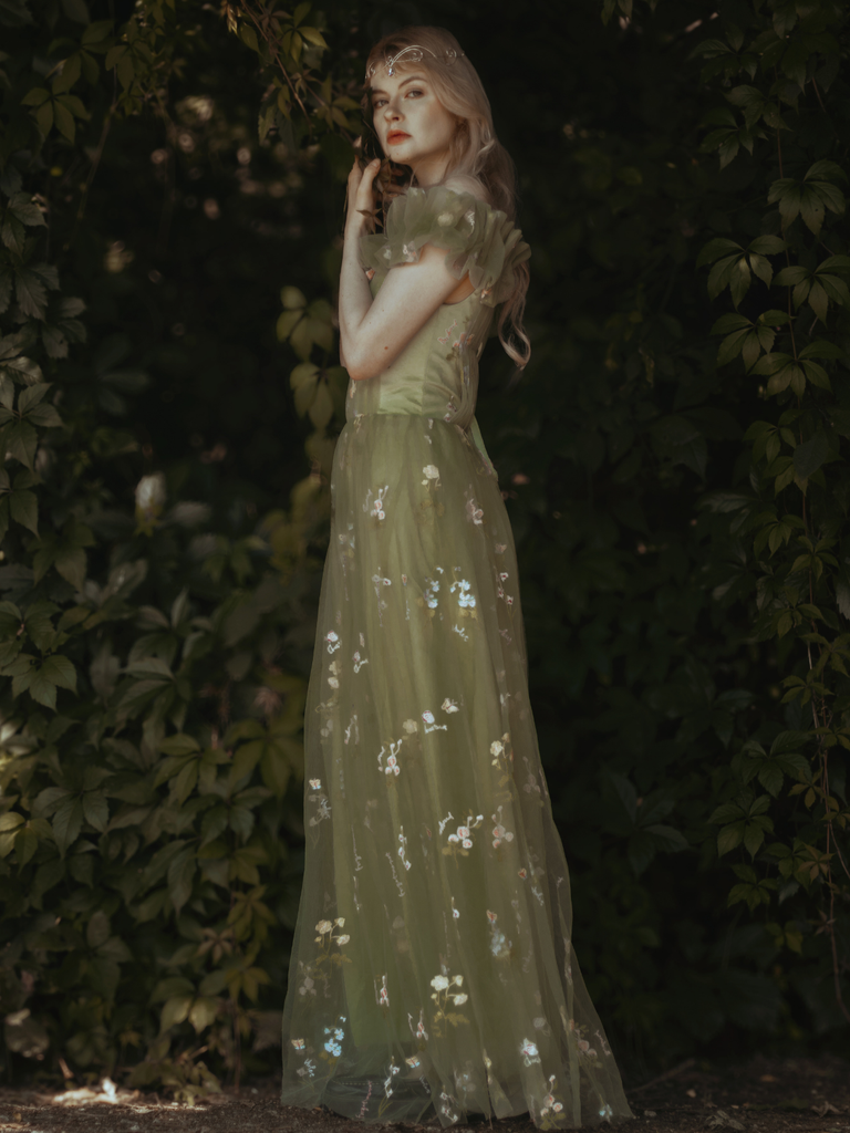 Green 1930s Floral Embroidered Mesh Strapless Dress