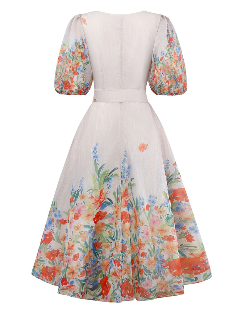 Multicolor 1950s Floral V-Neck Lantern Sleeve Belted Dress
