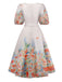 Multicolor 1950s Floral V-Neck Lantern Sleeve Belted Dress