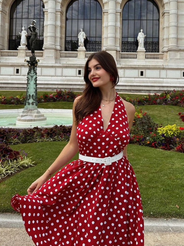 Red 1950s Polka Dot Halter Dress